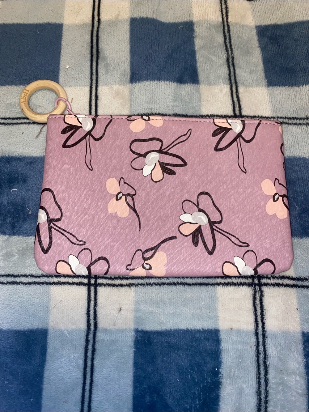 ipsy Pink Floral Wristlet Pouch with Wooden Ring